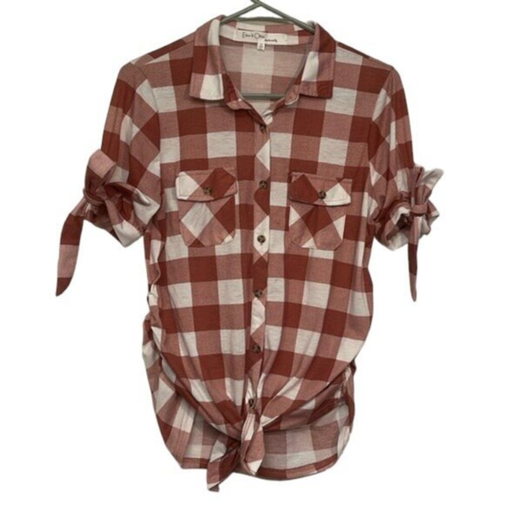 Maternity Eden & Olivia Pink & White Button Down Blouse Plaid Size Med EUC #4195
